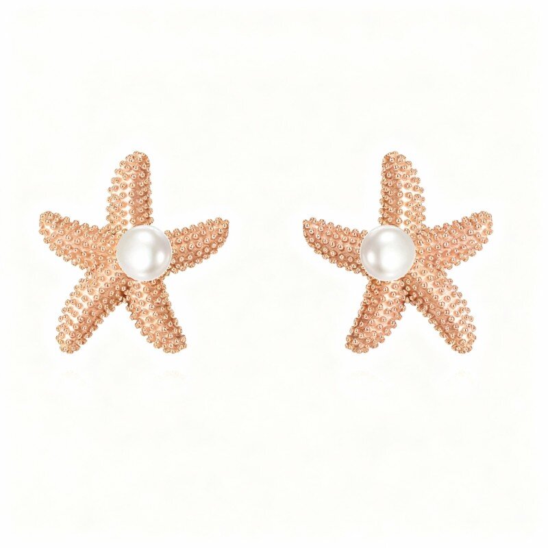 10K Rose Gold Pearl Star Stud Earrings-1