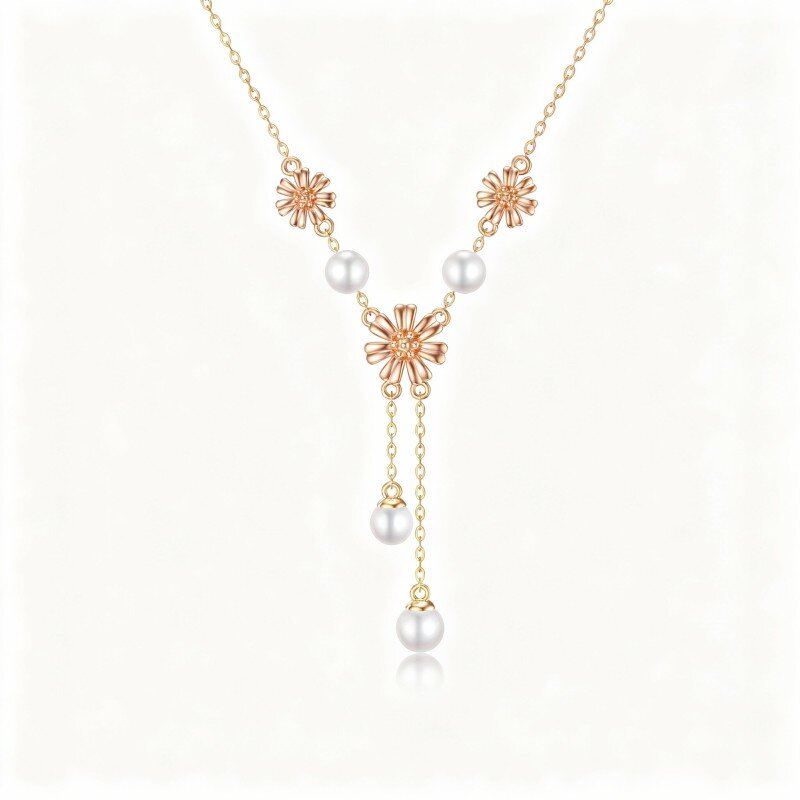 14K Rose Gold Pearl Sunflower Pendant Necklace-1