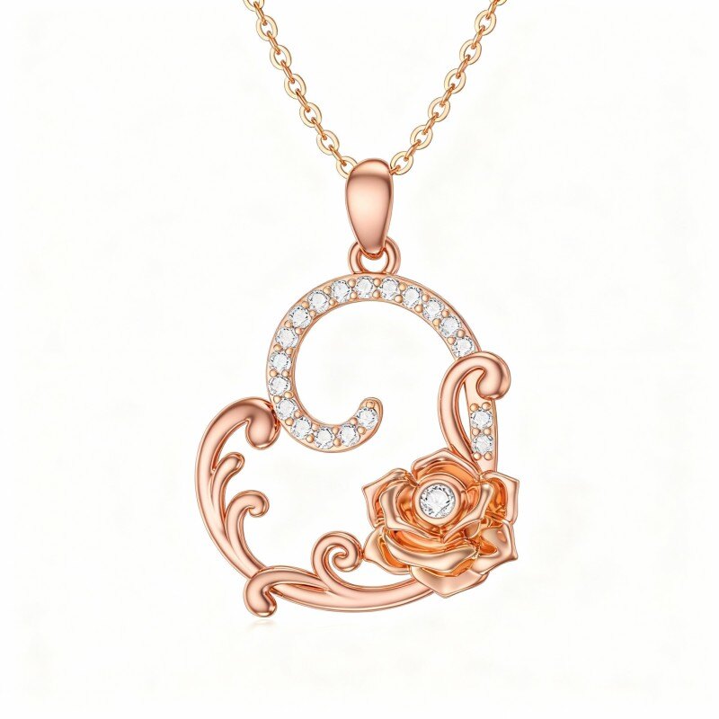 18K Rose Gold Cubic Zirconia Rose Pendant Necklace-1