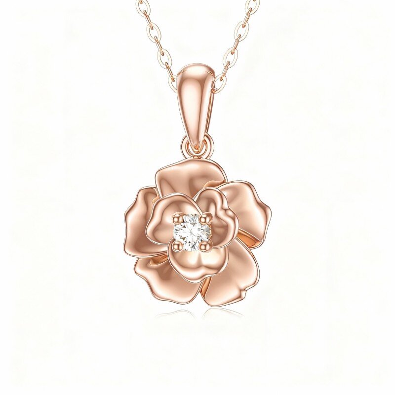 Colar com pendente de rosa em ouro rosa 18K e zircónias cúbicas-1