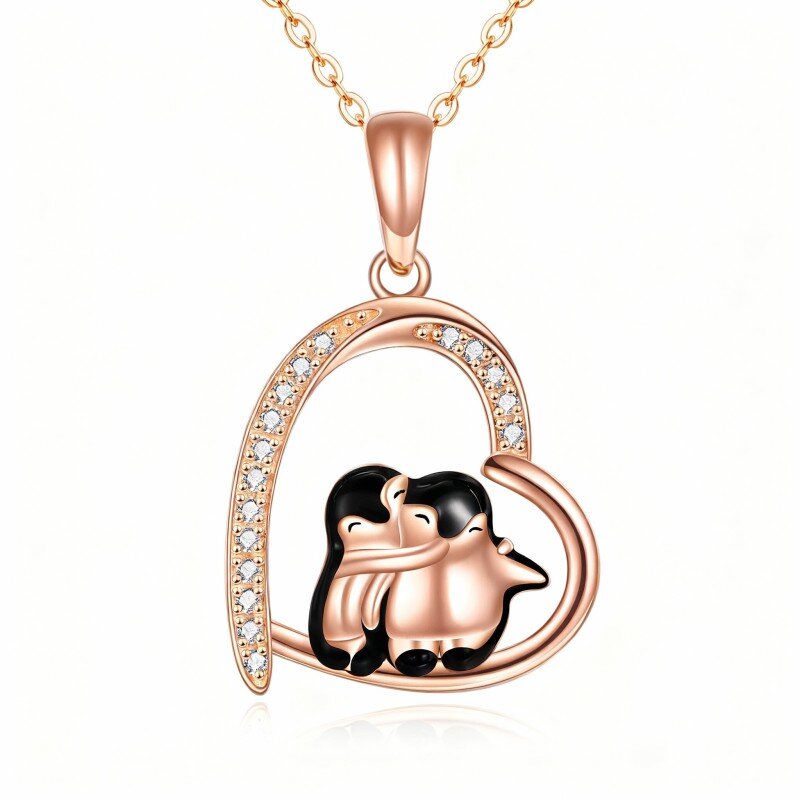 10K Rose Gold Cubic Zirconia Penguin & Heart Pendant Necklace-1