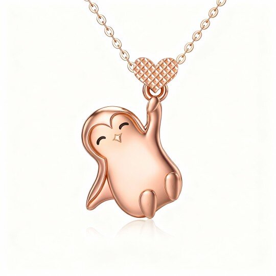 10K Rose Gold Penguin & Heart Pendant Necklace