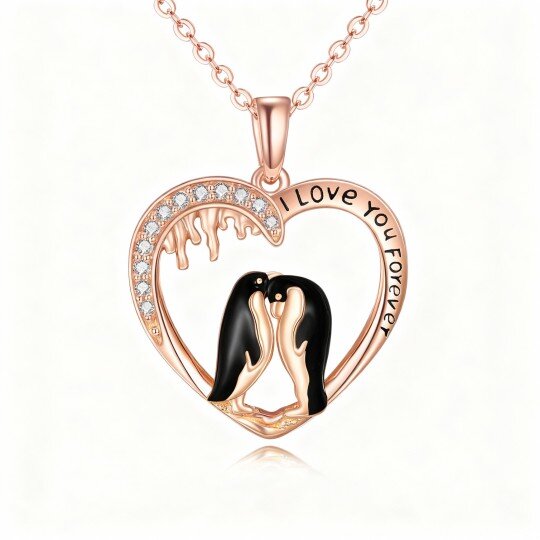 Collier pendentif pingouin et cœur en or rose 10 carats et zircon cubique