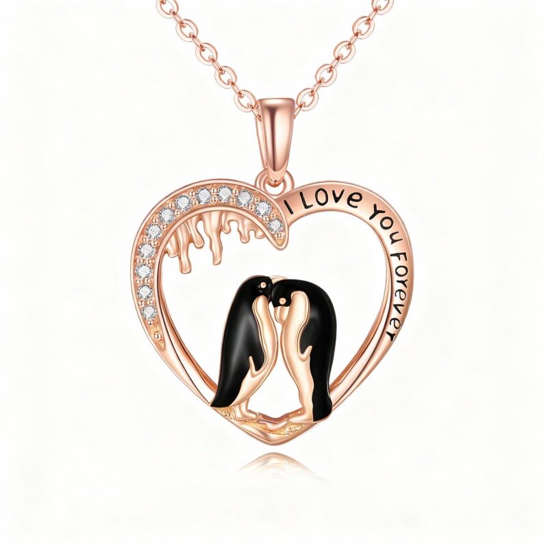 14K Rose Gold Cubic Zirconia Penguin & Heart Pendant Necklace-1