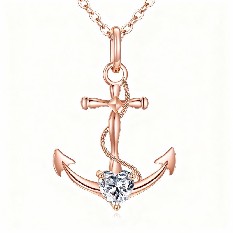 10K Rose Gold Cubic Zirconia Personalized Birthstone & Anchor & Cross Pendant Necklace-1