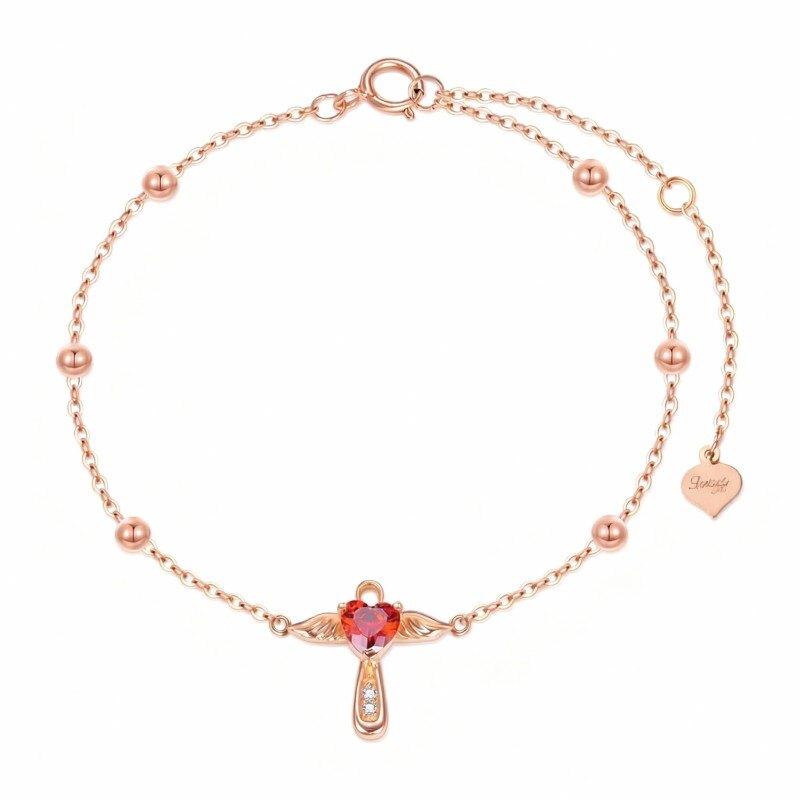 Personalisiertes Armband aus 18-karätigem Roségold mit Zirkonia, Geburtsstein, Engelsflügeln, Kreuz und Herzanhänger-1