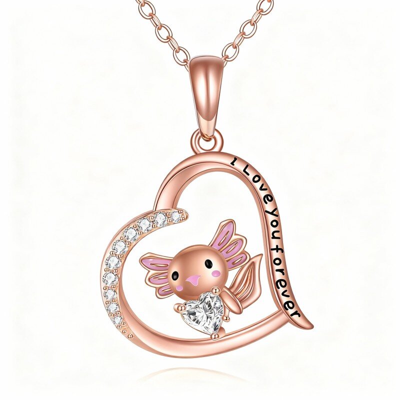 Colar com pendente de axolote e coração em ouro rosa 10K com zircónias cúbicas e pedra de nascimento personalizada, com gravação de palavra.-1