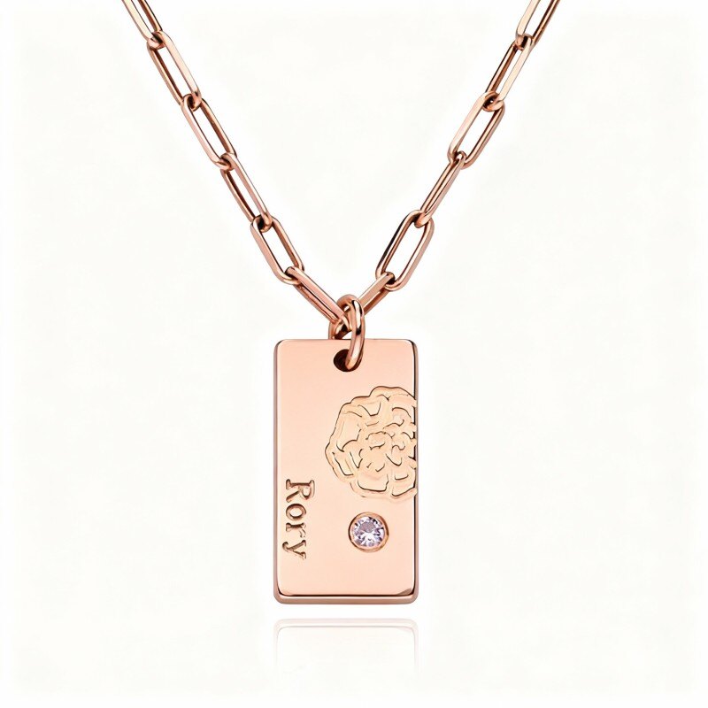 Collar con colgante de flor de nacimiento y piedra natal personalizada en oro rosa de 10 quilates con circonitas cúbicas y piedra natal-1