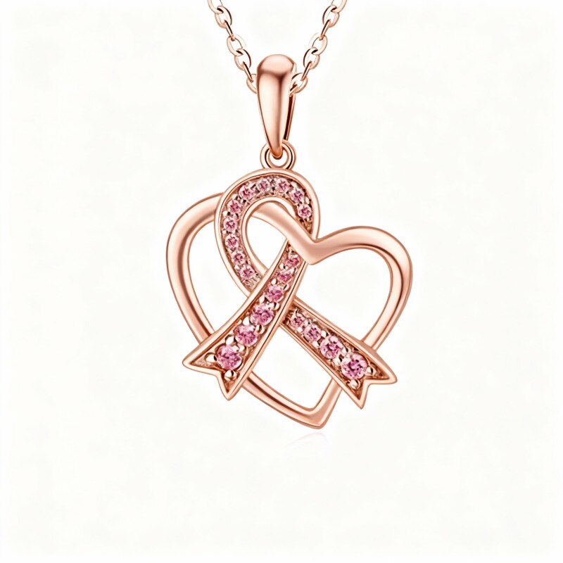 Personalisierte Halskette aus 10-karätigem Roségold mit Zirkonia, Geburtsstein, Schleife und Herzanhänger-1