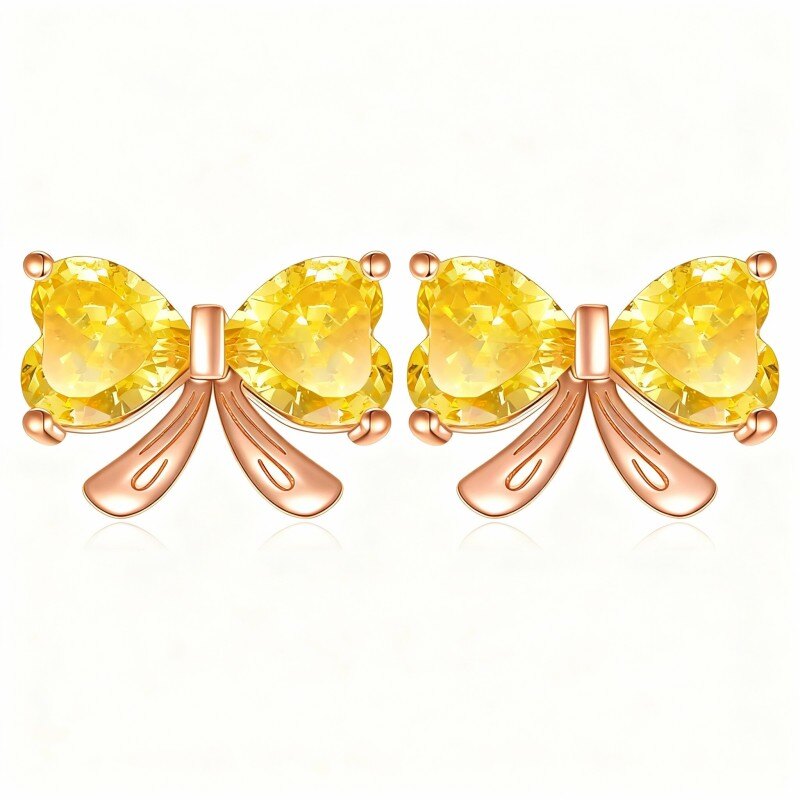 Personalisierte Ohrstecker aus 18-karätigem Roségold mit Zirkonia, Geburtsstein und Schleife-1