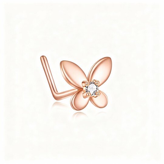 Anillo nasal de mariposa con circonita cúbica y piedra natal personalizada en oro rosa de 10 quilates