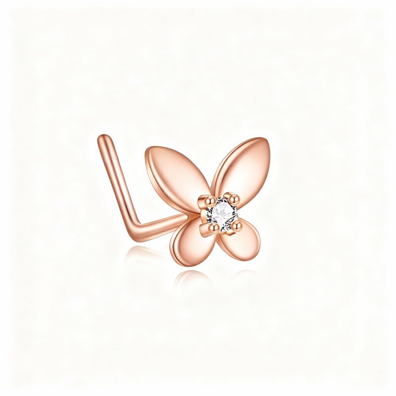 10K Rose Gold Cubic Zirconia & Personalized Birthstone Butterfly Nose Ring-5