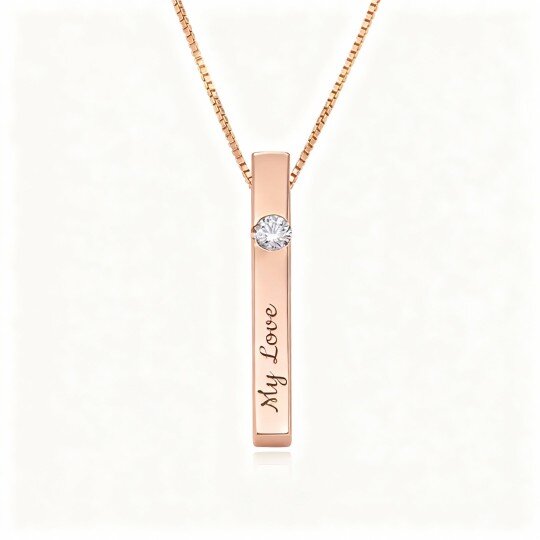 10K Rose Gold Cubic Zirconia Personalized Birthstone & Personalized Classic Name Bar Necklace