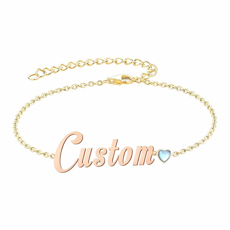 Pulsera de oro rosa de 14 quilates con circonita cúbica, piedra natal personalizada y dije clásico con nombre personalizado.-1