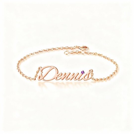 Pulsera de oro rosa de 10 quilates con circonita cúbica, piedra natal personalizada y dije clásico con nombre personalizado.
