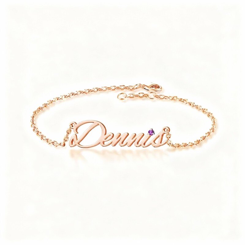 Pulsera de oro rosa de 18 quilates con circonita cúbica, piedra natal personalizada y dije clásico con nombre personalizado.-1