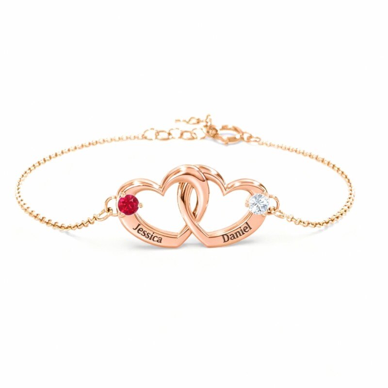 Armband aus 14-karätigem Roségold mit Zirkonia, personalisiertem Geburtsstein, personalisiertem Namen und Herzanhänger-1