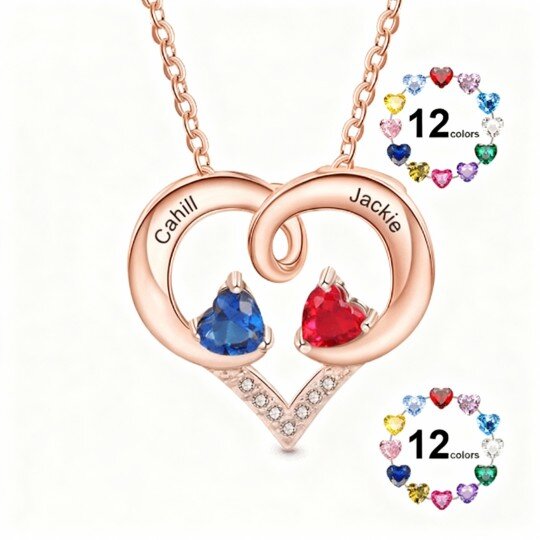 10K Rose Gold Cubic Zirconia Personalized Birthstone & Personalized Classic Name & Heart Pendant Necklace