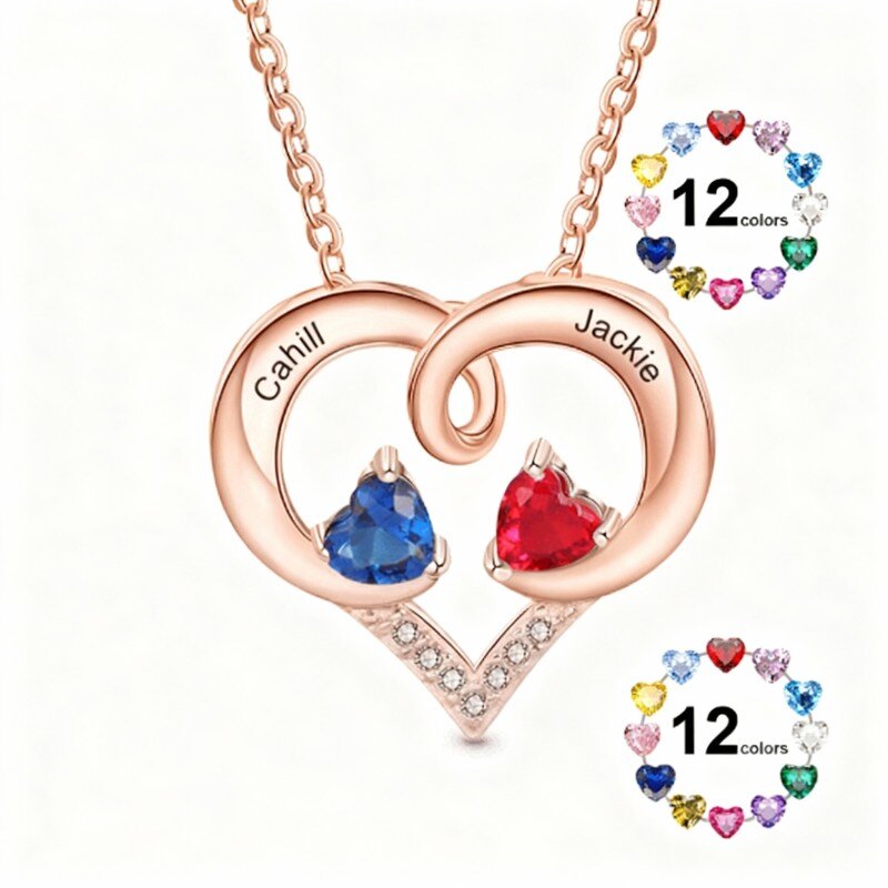 Collier pendentif personnalisé en or rose 14 carats avec zircon cubique, pierre de naissance, prénom classique et cœur.-1