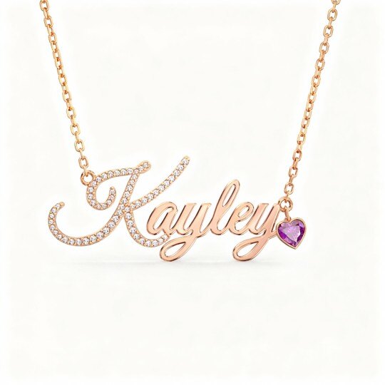Collar con colgante de corazón y nombre clásico personalizado en oro rosa de 10 quilates con circonita cúbica, piedra natal y circonita cúbica.
