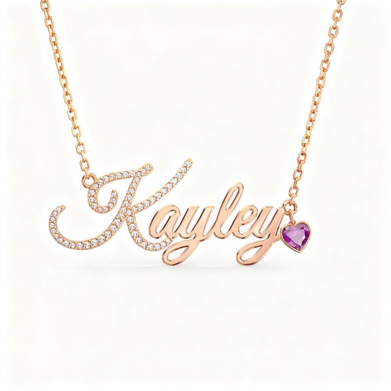 Collar con colgante de corazón y nombre clásico personalizado en oro rosa de 10 quilates con circonita cúbica, piedra natal y circonita cúbica.-3