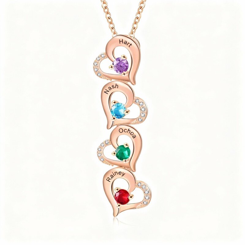 14K Rose Gold Cubic Zirconia Personalized Birthstone & Personalized Classic Name & Heart With Heart Pendant Necklace-1