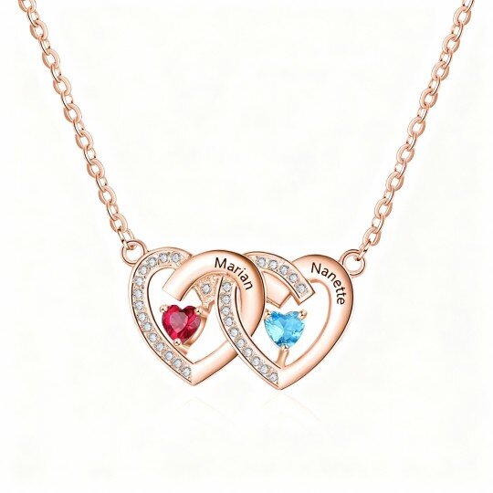 10K Rose Gold Cubic Zirconia Personalized Birthstone & Personalized Classic Name & Heart & Heart With Heart Pendant Necklace