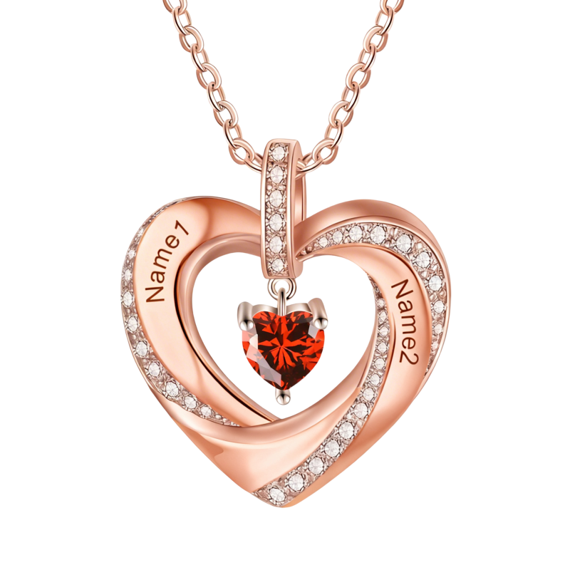 10Kローズゴールド キュービックジルコニア パーソナライズ誕生石＆パーソナライズクラシックネーム＆ハートペンダントネックレス-1
