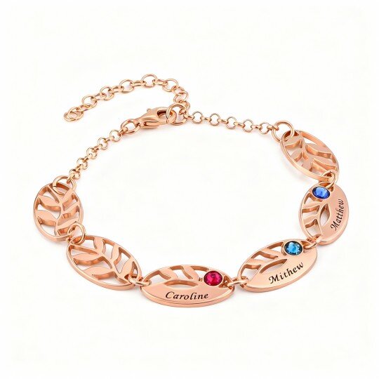 Pulsera de oro rosa de 10 quilates con circonitas cúbicas, piedra natal personalizada y dije clásico de hojas con nombre personalizado.