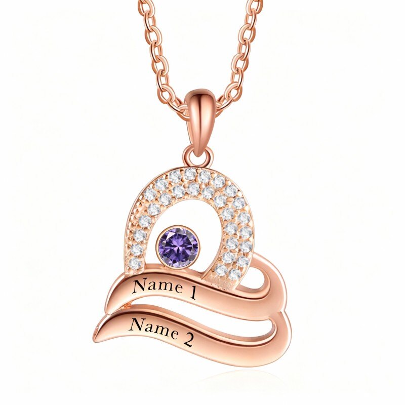 18Kローズゴールド キュービックジルコニア パーソナライズ誕生石＆パーソナライズクラシックネームペンダントネックレス-1