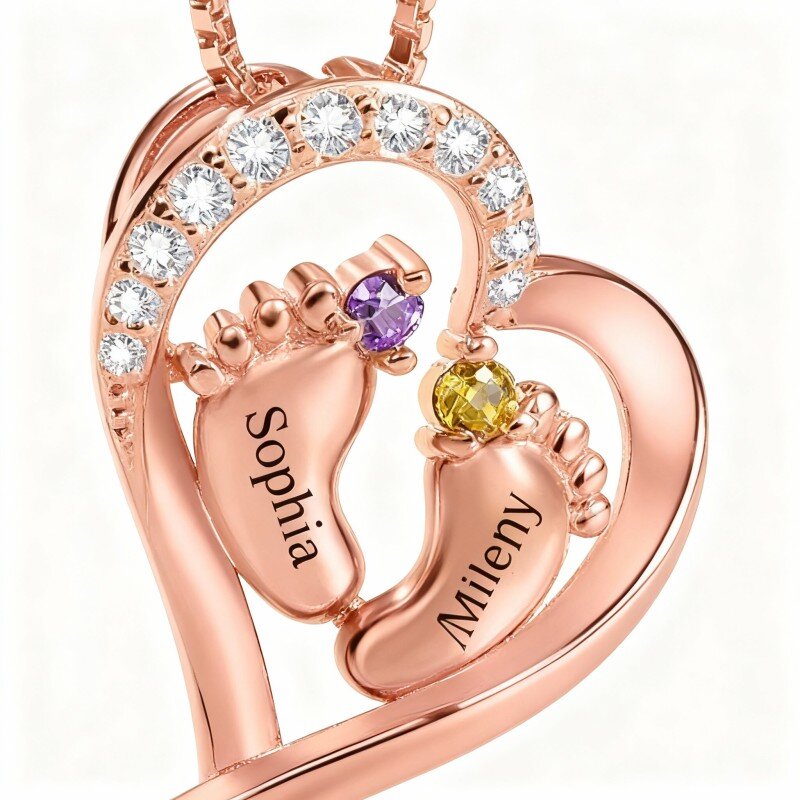 18K Rose Gold Cubic Zirconia Personalized Birthstone & Personalized Classic Name Pendant Necklace-1