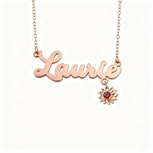 Collar con colgante de girasol clásico personalizado con circonitas cúbicas, piedra natal y nombre en oro rosa de 10 quilates.