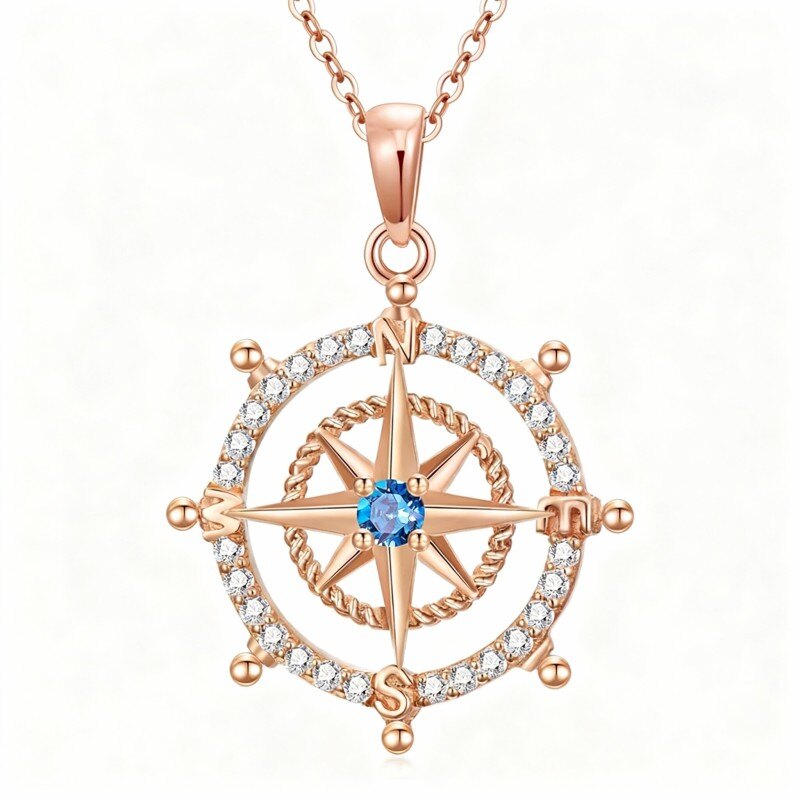 18K Rose Gold Cubic Zirconia Personalized Birthstone & Compass Pendant Necklace-1