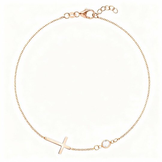 10K Rose Gold Cubic Zirconia Personalized Birthstone & Cross Charm Bracelet