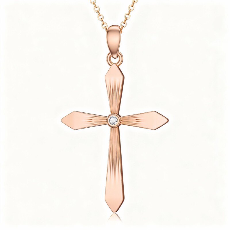 14K Rose Gold Cubic Zirconia Personalized Birthstone & Cross Pendant Necklace-1
