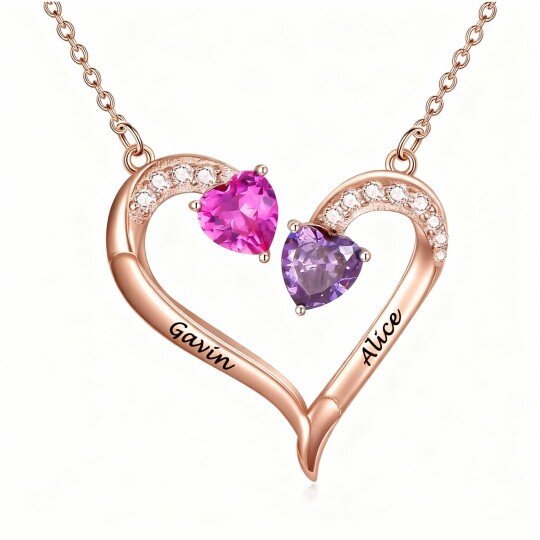 10K Rose Gold Cubic Zirconia & Personalized Birthstone Custom & Couple & Mother & Sisters Pendant Necklace