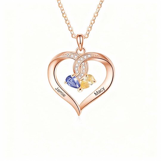 10K Rose Gold Cubic Zirconia Personalized Birthstone & Personalized Engraving & Heart Pendant Necklace
