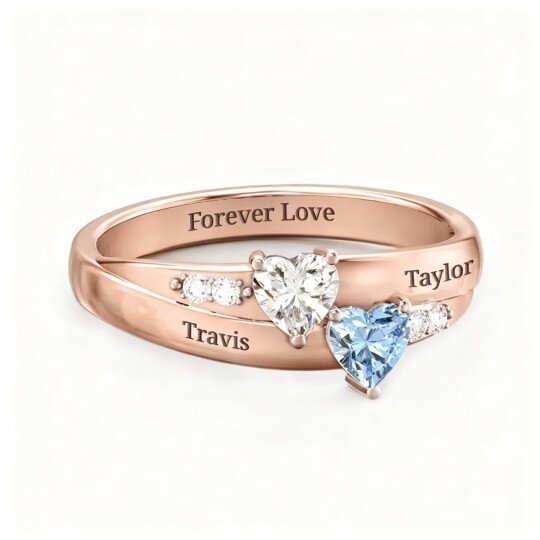 Anillo de oro rosa de 14 quilates con circonita cúbica, piedra natal personalizada, grabado personalizado y corazón con piedra natal