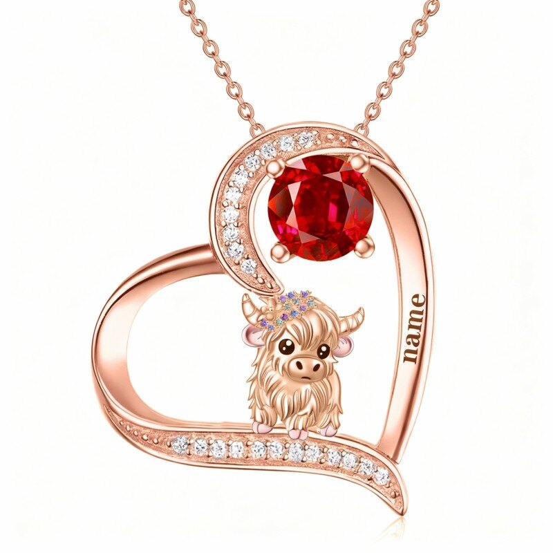 Collier pendentif vache des Highlands en or rose 18 carats, zircon cubique, pierre de naissance personnalisée et gravure personnalisée-1