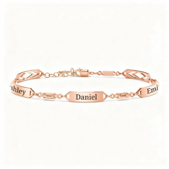 10K Rose Gold Cubic Zirconia Personalized Birthstone & Personalized Engraving Identification Bracelet