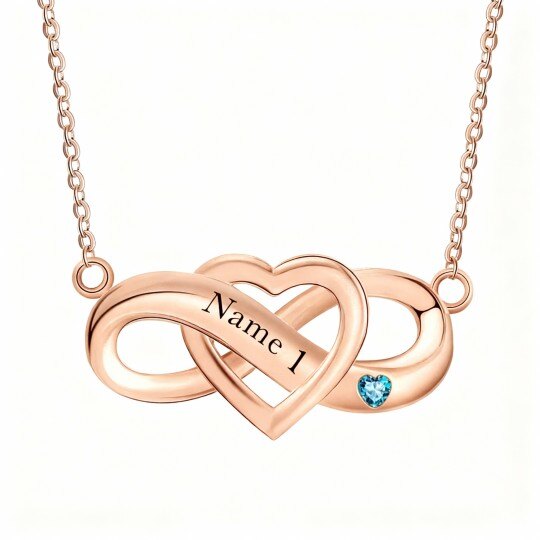 Collar con colgante de oro rosa de 10 quilates con circonita cúbica, piedra natal personalizada, grabado personalizado y símbolo del infinito