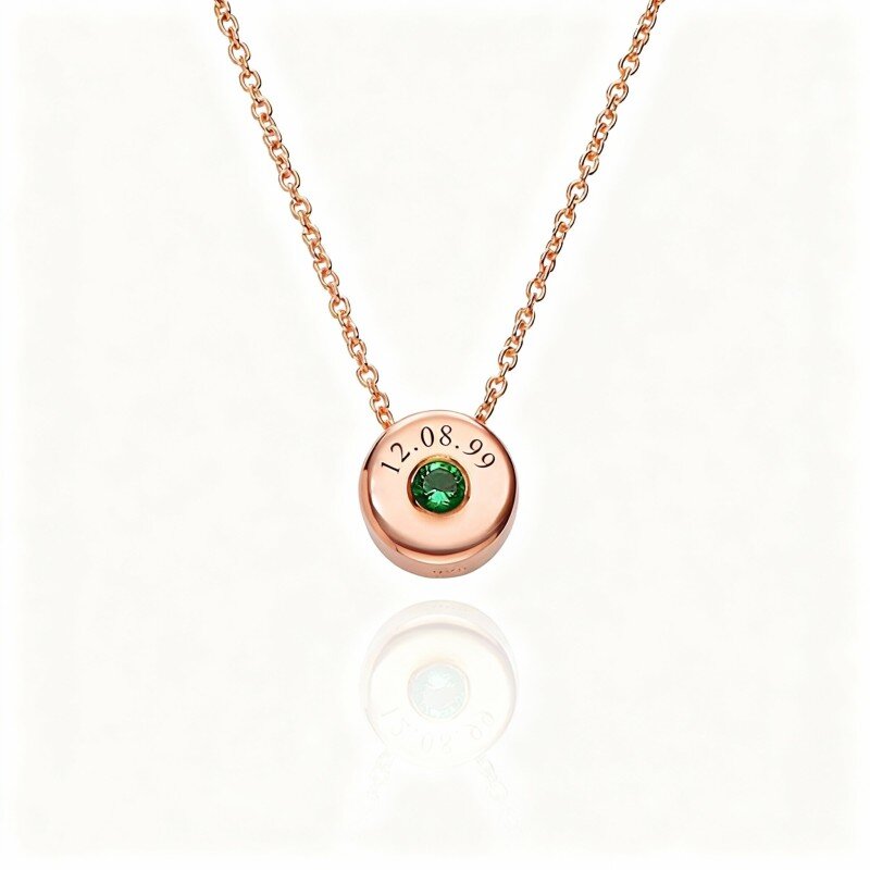 18K Rose Gold Cubic Zirconia Personalized Birthstone & Personalized Engraving Pendant Necklace-1