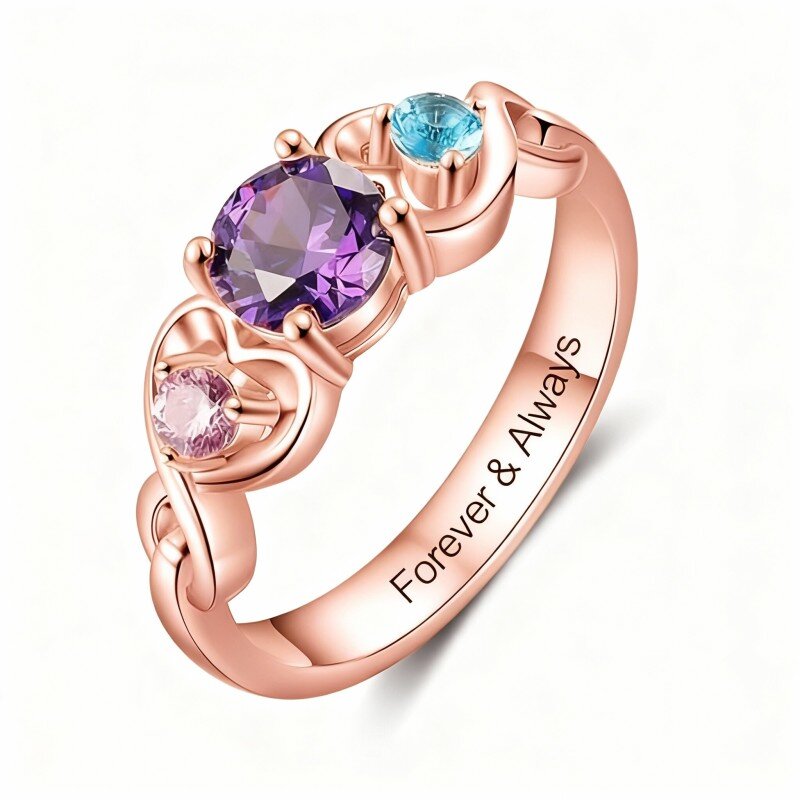 Anillo personalizado de oro rosa de 10 quilates con circonita cúbica, piedra natal y grabado personalizado-1