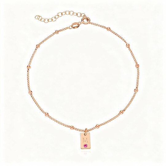 10K Rose Gold Cubic Zirconia Personalized Birthstone & Personalized Engraving Single Layer Charm Anklet