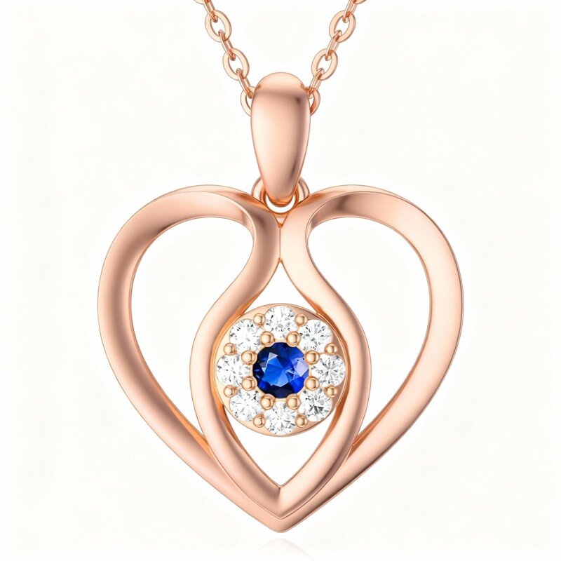 Collana con ciondolo personalizzato con pietra portafortuna, malocchio e cuore in oro rosa 18 carati, zirconi cubici-1