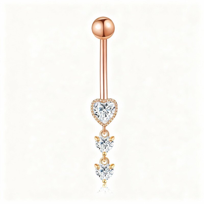 10K Rose Gold Cubic Zirconia Personalized Birthstone & Heart Belly Button Ring-1