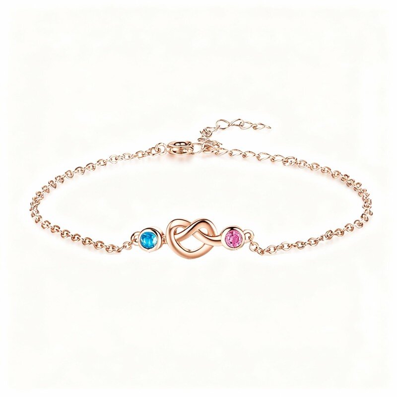 Pulseira personalizada em ouro rosa 10K com zircónias cúbicas, pedra de nascimento e pendente de coração.-1