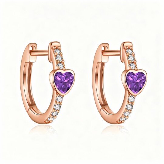 10K Rose Gold Cubic Zirconia Personalized Birthstone & Heart Hoop Earrings