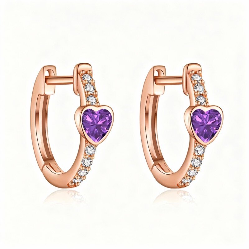 10K Rose Gold Cubic Zirconia Personalized Birthstone & Heart Hoop Earrings-1