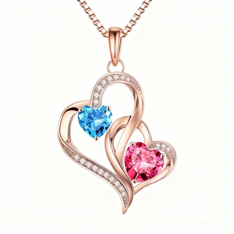 Collier pendentif personnalisé en or rose 14 carats avec zircon cubique, pierre de naissance et cœur-1